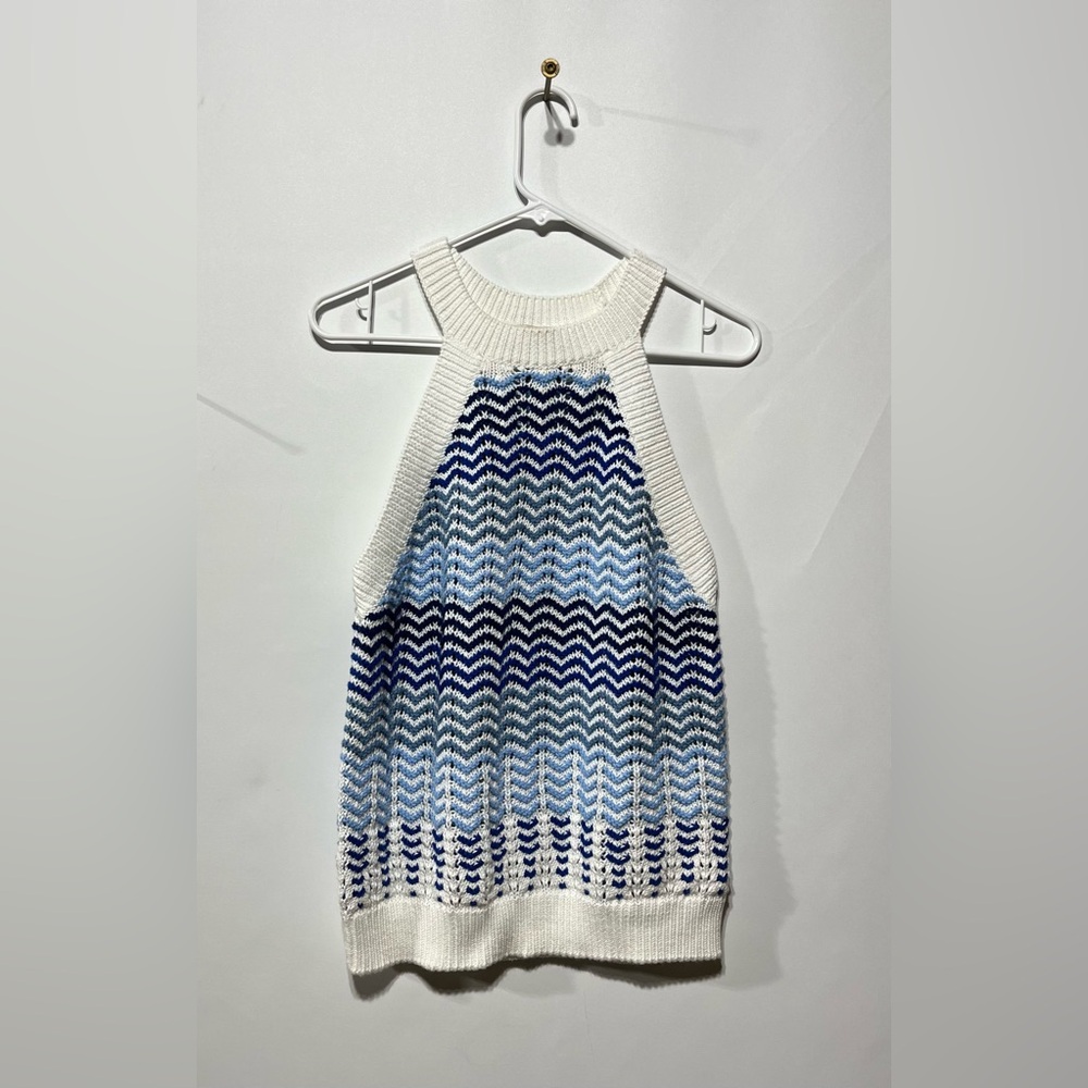 LOFT Blue and White Zigzag Sweater Halter Tank Top Size Large NWT‎